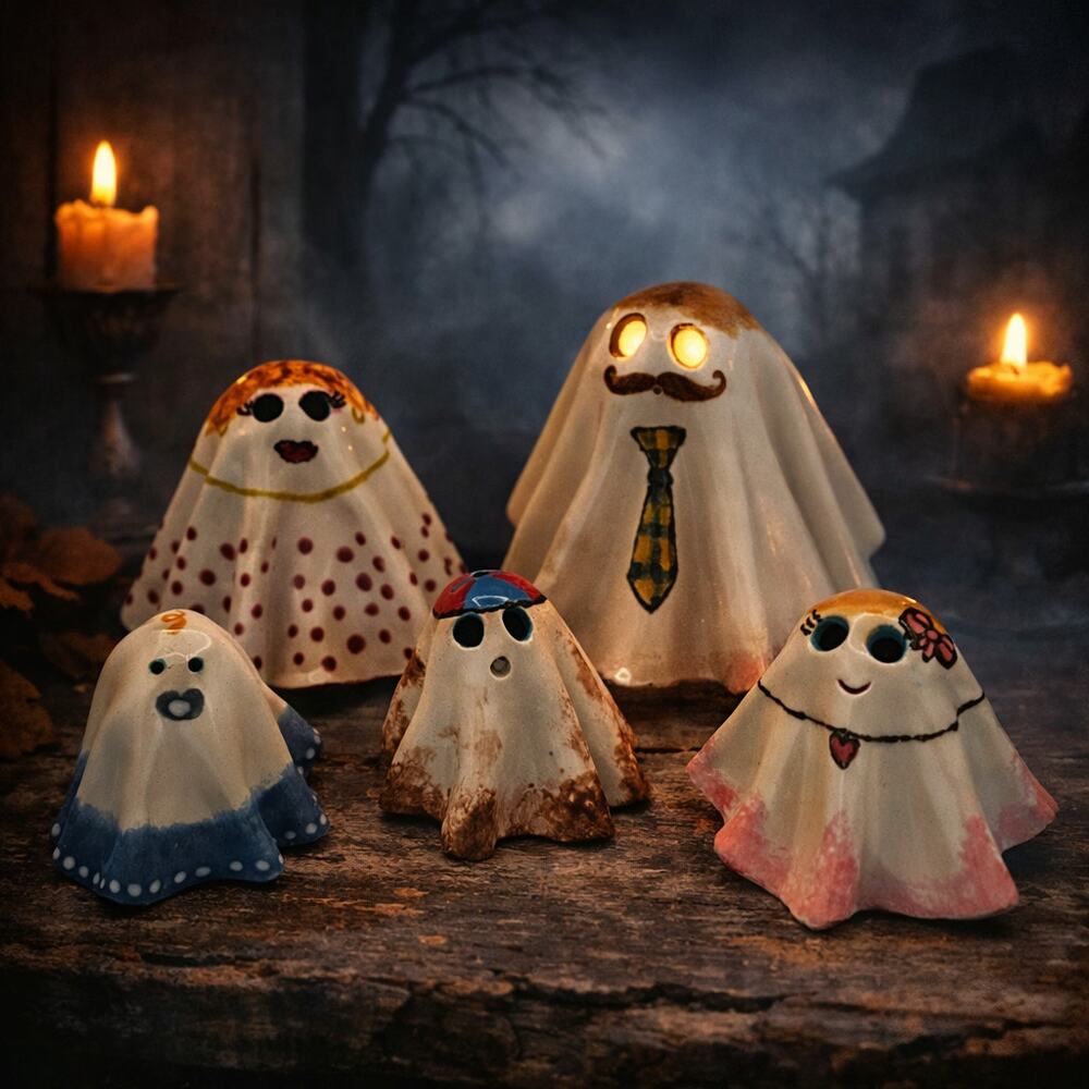 Handcrafted Studio Pottery Ghost Family Artist Signed Ceramic Halloween Decor